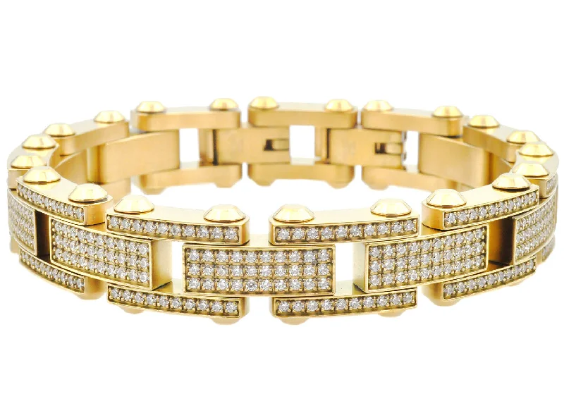 Women’s silver bracelet-Mens Gold Stainless Steel Link Bracelet With Cubic Zirconia