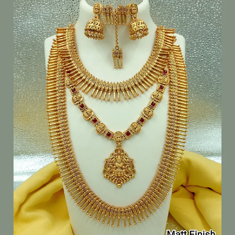 Women’s rose gold necklace-FS Collection Gold Plated Pota Stone Temple Long Necklace Combo Set