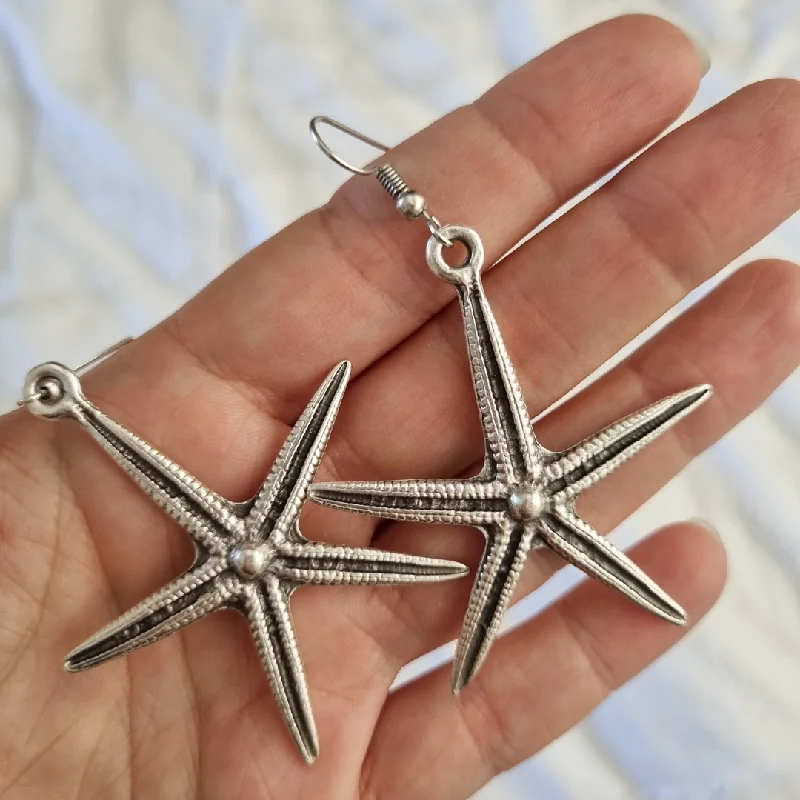 Women’s chandelier earrings-Boho Large Silver Starfish Earrings  - Beachy Bohemian Jewellery