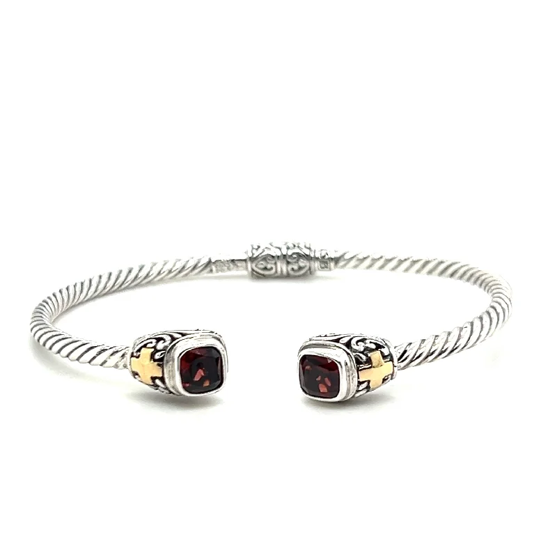 Women’s fashion cuff bracelet-Sterling Silver & 18K Yellow Gold Garnet Cuff Bracelet by Samuel B.