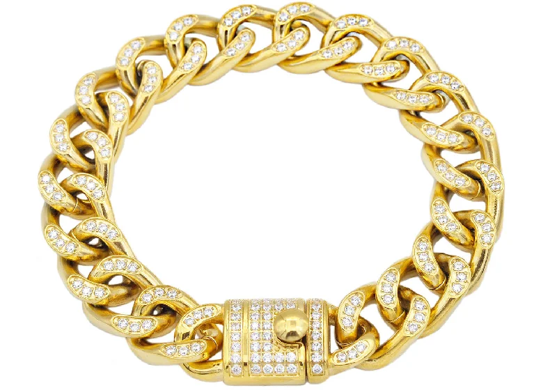 Women’s butterfly bracelet-Mens Gold Stainless Steel Curb Link Chain Bracelet With Cubic Zirconia