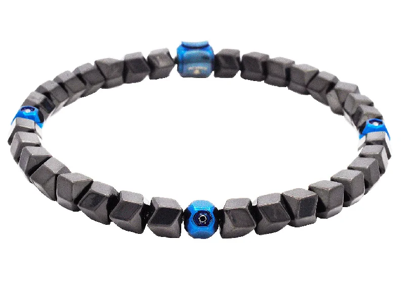 Women’s elegant bracelet-Mens Black and Blue Bead Stainless Steel Bracelet with Black Cubic Zirconia