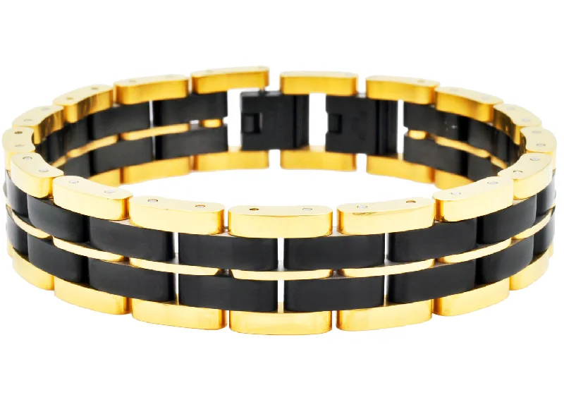 Women’s gold bracelet-Mens Two Toned Gold and Black Stainless Steel Bracelet