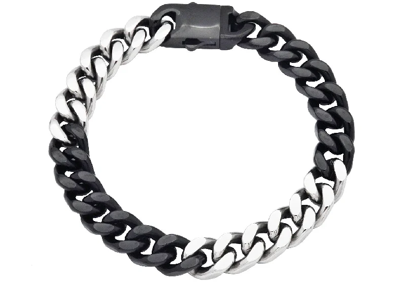 Women’s multi-stone bracelet-Mens 10mm Two-Toned Black Plated Stainless Steel Cuban Link Chain Bracelet