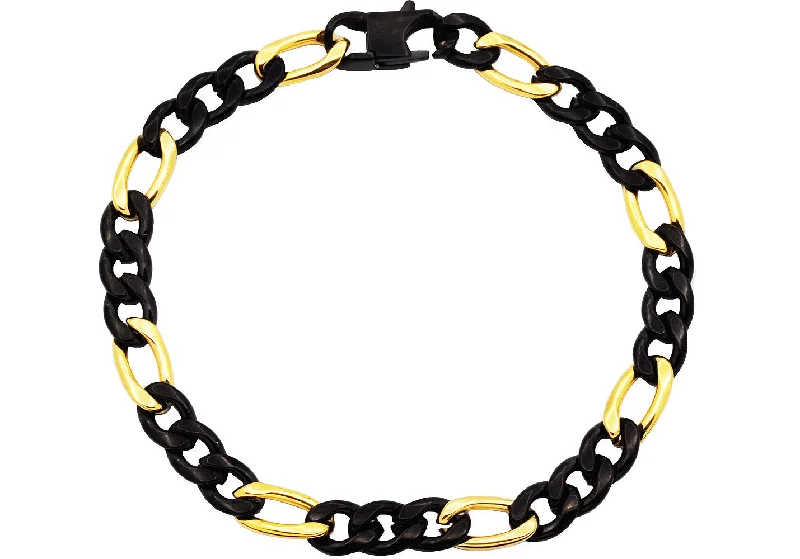 Women’s bohemian bracelet-Mens Two-Toned Gold & Black Stainless Steel Figaro Link Chain Bracelet