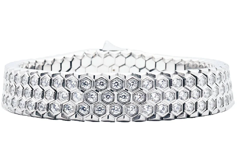 Women’s antique bracelet-Mens Honey Comb Texture Stainless Steel Bracelet with Cubic Zirconia