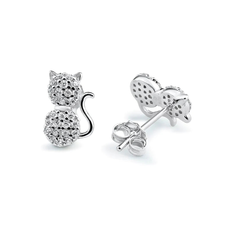 Women’s dangling gem earrings-Silver 925 Rhodium Plated Cat Clear CZ Stud Earrings