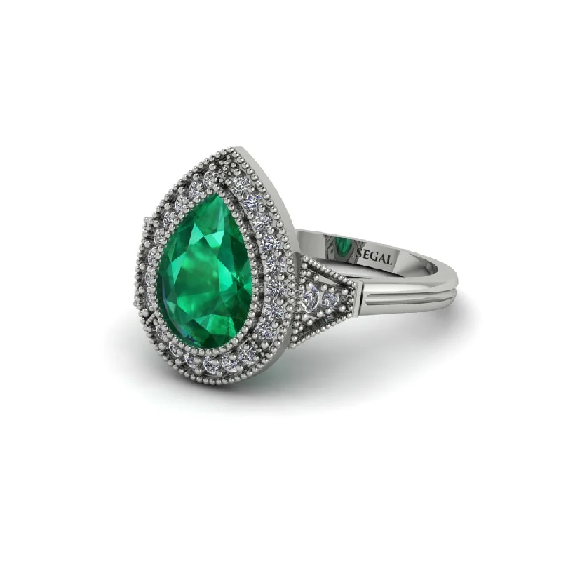 Women’s gold wedding band-Pear Cut Emerald Milgrain Halo Engagement Ring - Daleyza No. 6