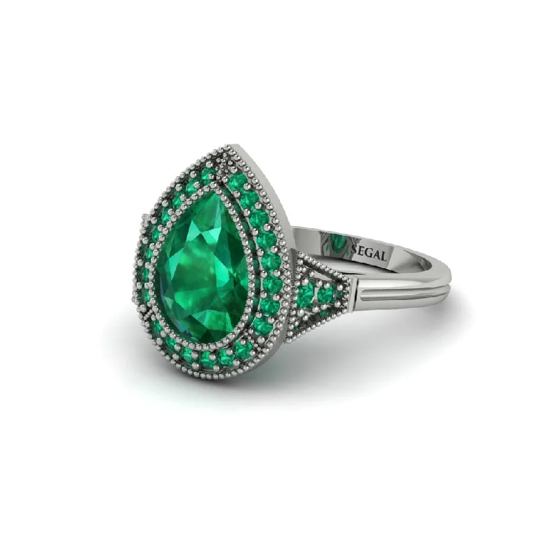 Women’s affordable solitaire engagement ring-Pear Cut Emerald Milgrain Halo Engagement Ring - Daleyza No. 21