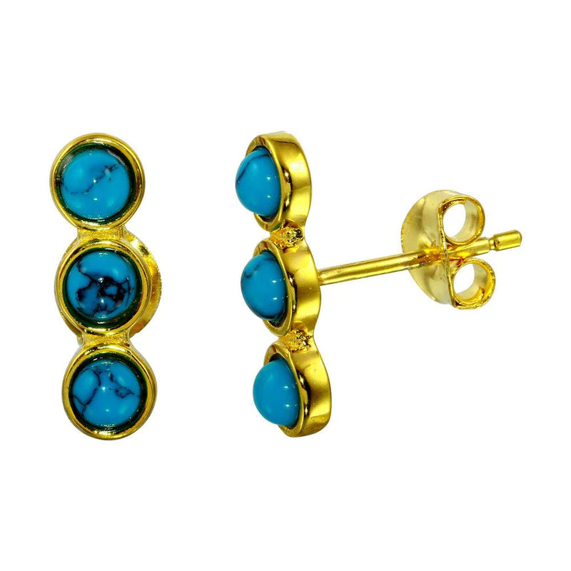 Women’s colorful gemstone earrings-Silver 925 Gold Plated 3 Round Turquoise Earrings