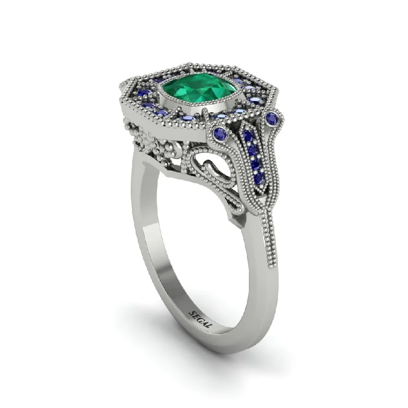 Women’s platinum diamond engagement ring-Emerald Cushion Cut Art Deco Engagement Ring - Kristin No. 66