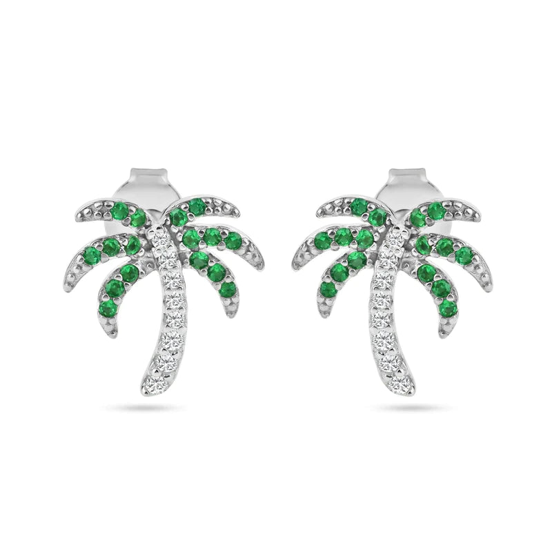 Women’s celestial earrings-Silver 925 Rhodium Plated PalmTree Clear, Green and Black CZ Stud Earrings