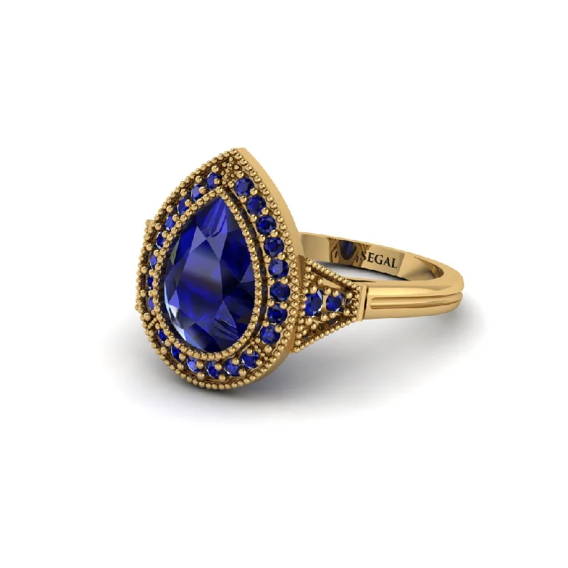 Women’s matching engagement ring and band-Pear Cut Sapphire Milgrain Halo Engagement Ring - Daleyza No. 73