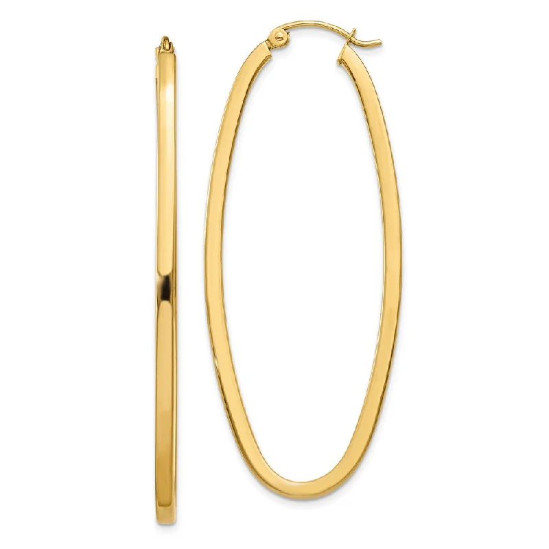 Women’s cute earrings-2mm, 14k Yellow Gold Square Tube Oval Hoop Earrings, 50mm (1 7/8 Inch)