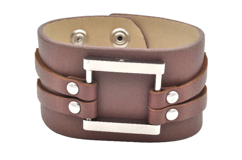 Women’s double-layer bracelet-Mens Brown Leather Stainless Steel Bracelet