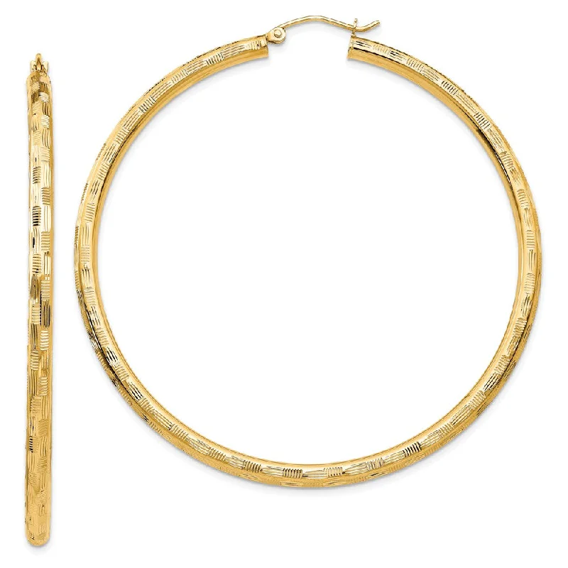 Women’s minimalist earrings-3mm x 60mm 14k Yellow Gold Textured Round Hoop Earrings