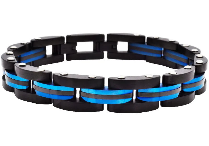 Women’s bangle set-Mens Two Toned Striped Black and Blue Stainless Steel Bracelet