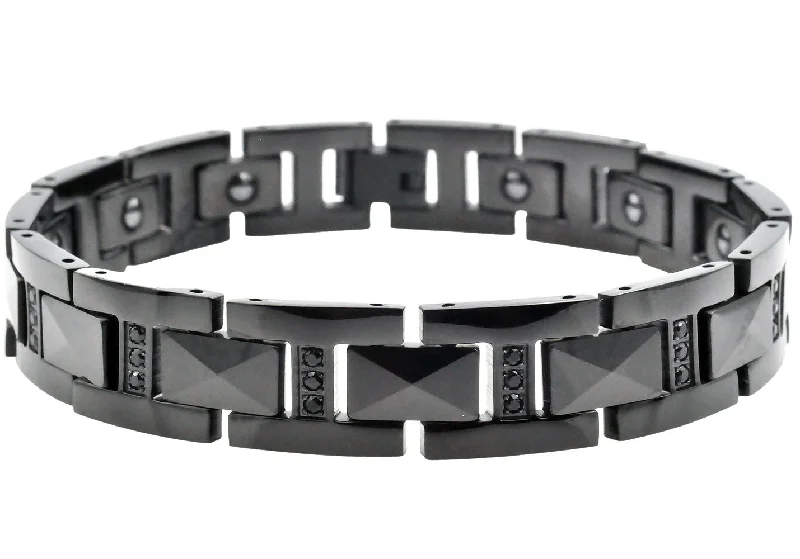 Women’s friendship bracelet-Mens Black Tungsten Link Bracelet With Black Cubic Zirconia