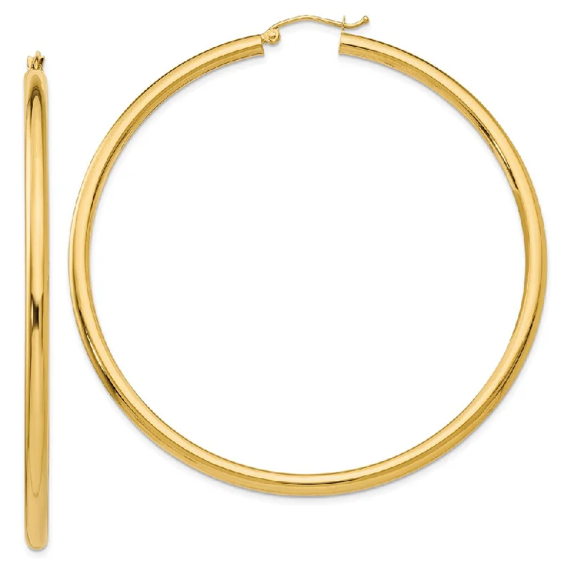 Women’s simple stud earrings-3mm x 65mm 14k Yellow Gold Classic Round Hoop Earrings