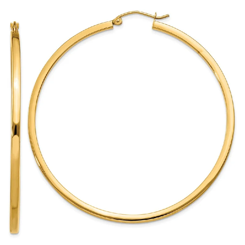 Women’s small hoop earrings-2mm, 14k Yellow Gold Square Tube Round Hoop Earrings, 55mm (2 1/8 In)