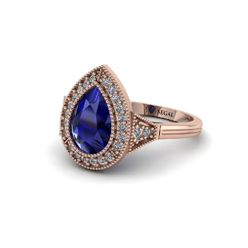 Women’s gemstone wedding ring-Pear Cut Sapphire Milgrain Halo Engagement Ring - Daleyza No. 14