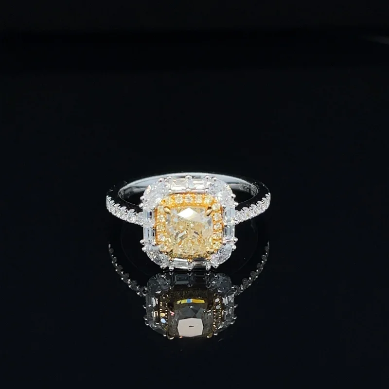 Women’s emerald cut engagement ring-Fancy Yellow & White Diamond 1.79ctw Cushion Baguette Engagement Ring in 18k Two- Tone Gold - #414 - RGDIA668978