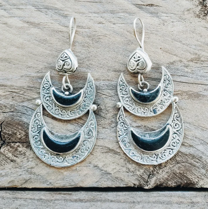 Women’s gold earrings-Double Crescent Kuchi Tribal Earrings