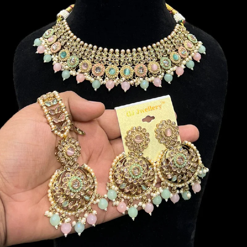 Women’s engraved necklace-Hira Collections Gold Plated Crystal Stone And Beads Necklace Set