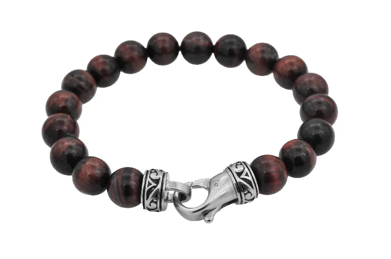 Women’s custom charm bracelet-Mens Genuine 10mm Red Tiger Eye Stainless Steel Beaded Bracelet