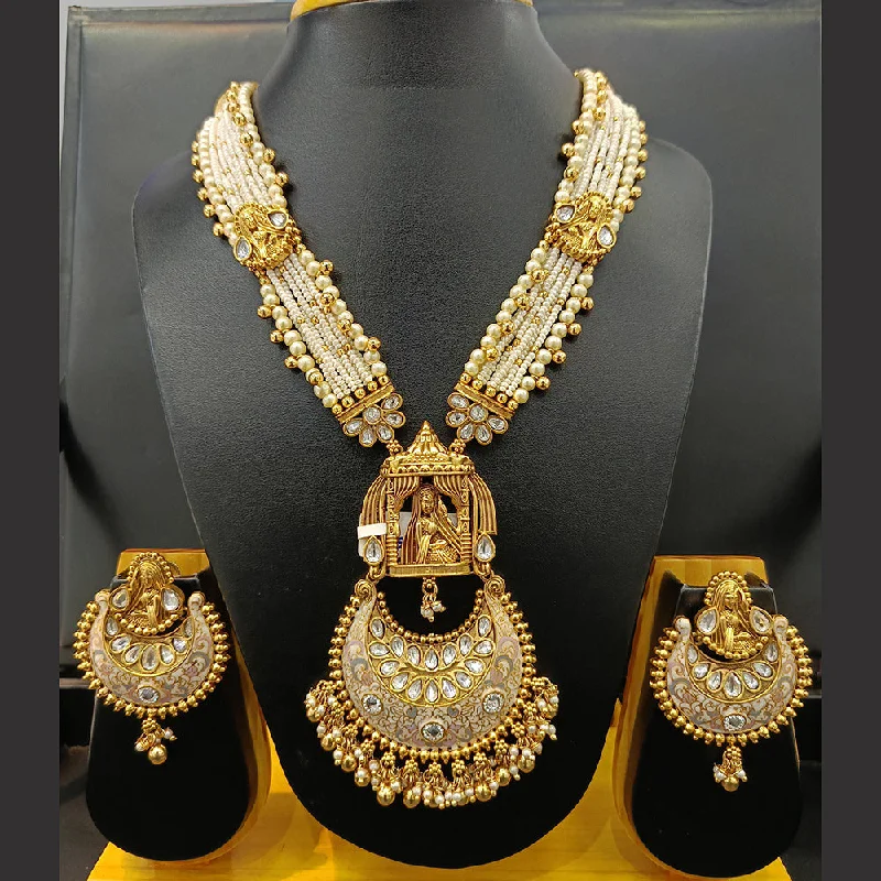 Women’s chunky necklace-Jain Jewellers Gold Plated Kundan Stone And Meenakari Temple Long Necklace Set