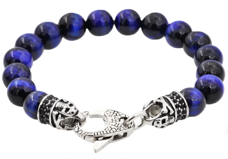 Women’s elegant cuff bracelet-Mens Genuine Blue Tiger Eye Stainless Steel Beaded Bracelet With Black Cubic Zirconia