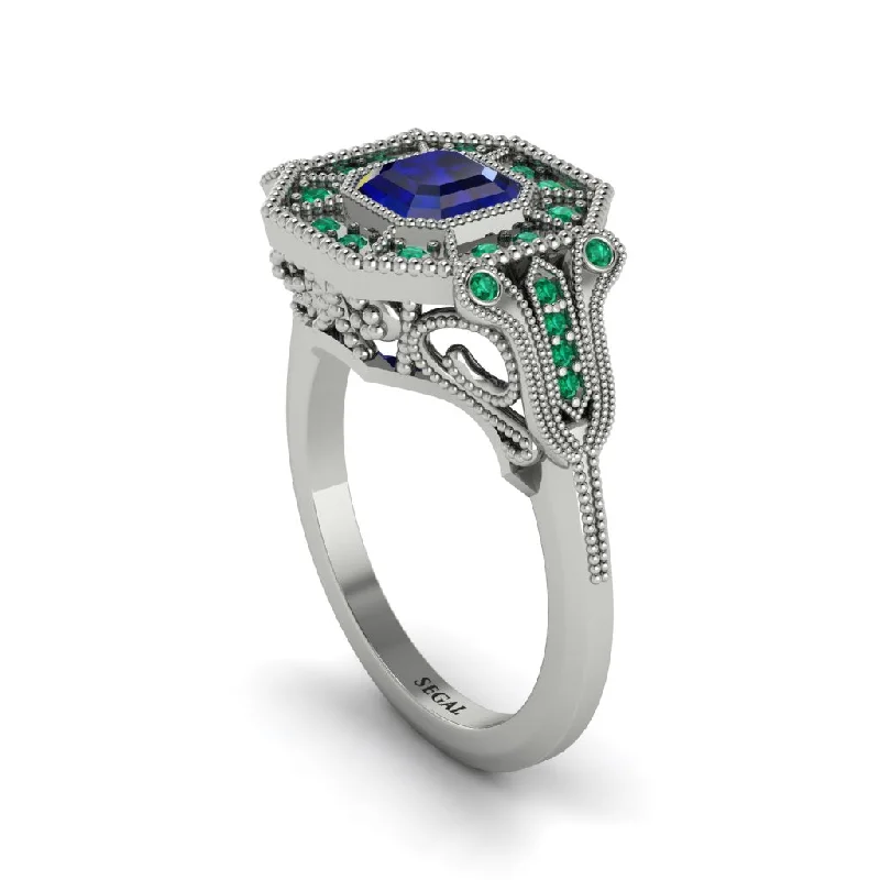 Women’s halo engagement ring with diamonds-Sapphire Emerald Cut Art Deco Engagement Ring - Dawn No. 30