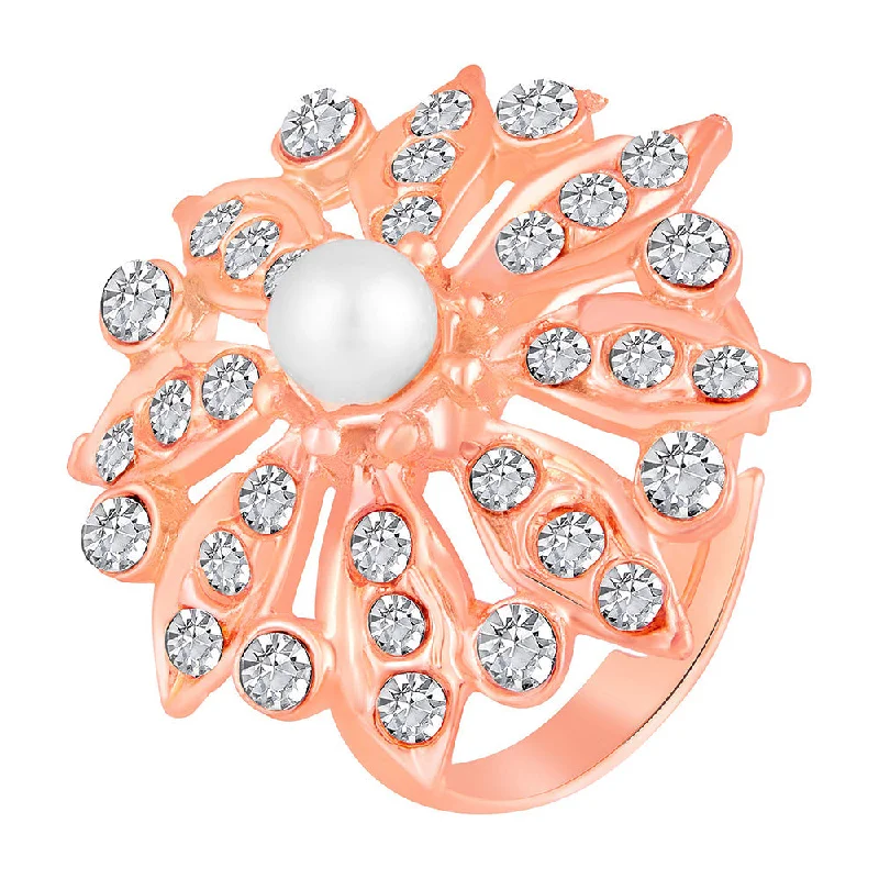 Women’s bold statement ring-Mahi Rose Gold Plated Floral Look Adjustable Finger Ring with White Artificial Pearl & Crystal for Women (FR1103191ZWhi)