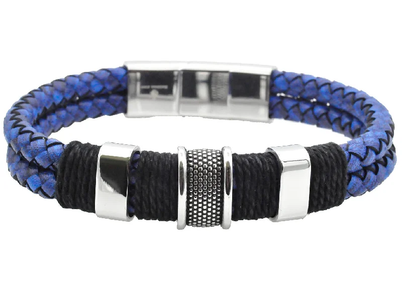 Women’s fashionable bracelet-Mens Double Strand Genuine Blue Distressed Leather Stainless Steel Bracelet