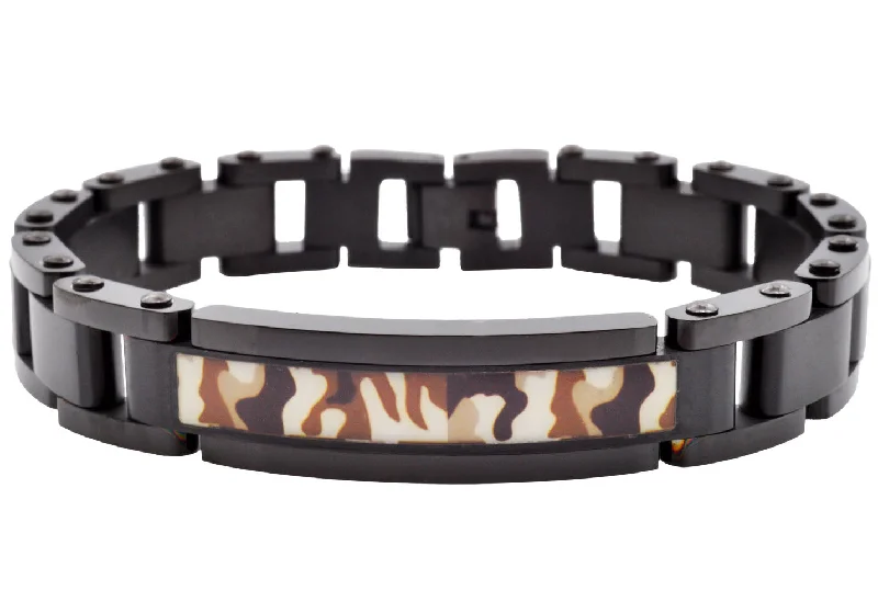 Women’s modern bangle bracelet-Mens Black Stainless Steel Brown Camo ID Bracelet