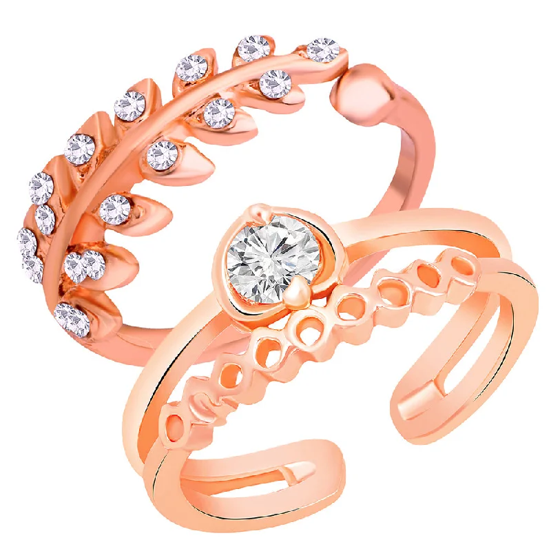 Women’s silver band ring-Mahi Rose Gold Plated Combo of Dual Band and Leaves Shaped Adjustable Finger Ring Cubic Zirconia for Women (CO1105447Z)