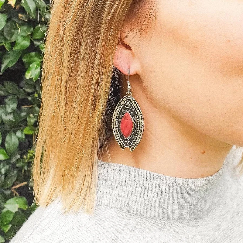 Women’s silver hoop earrings-Tribal Drop Earrings - Red Stone