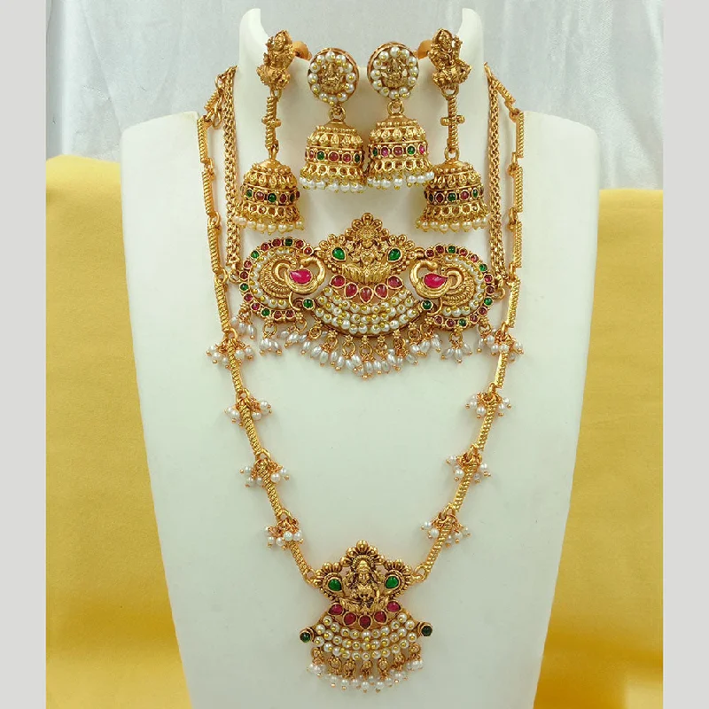 Women’s stone necklace-Joyful Jewel Art Matte Gold Plated Kundan Stone And Temple Double Necklace Set