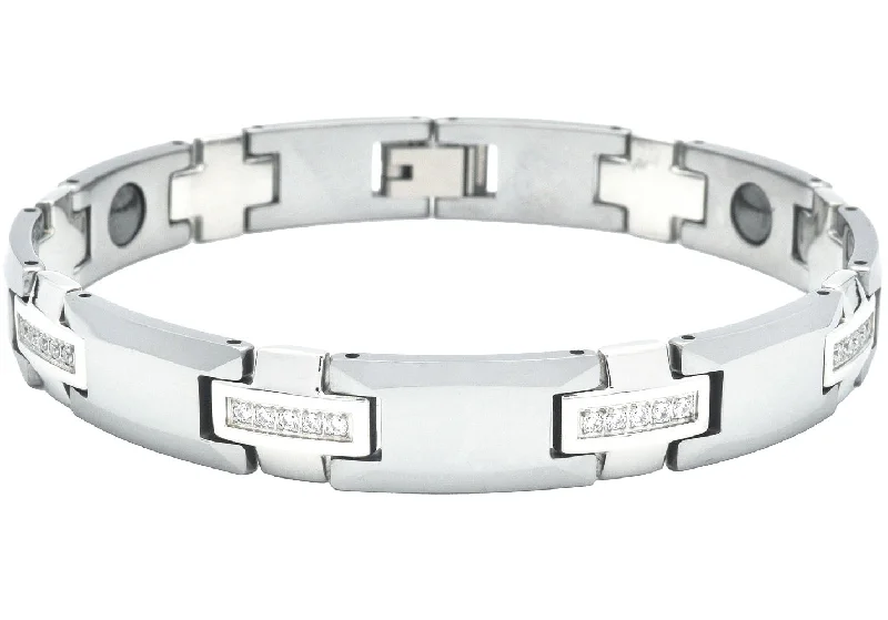 Women’s gemstone bangle-Mens Tungsten Link Bracelet With Cubic Zirconia