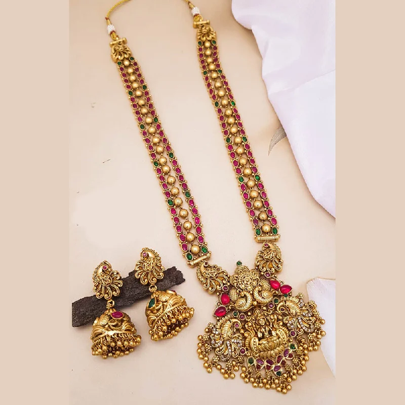 Women’s birthstone necklace-Sangita Creation  Copper Gold  Pota Stone Temple Long  Necklace Set