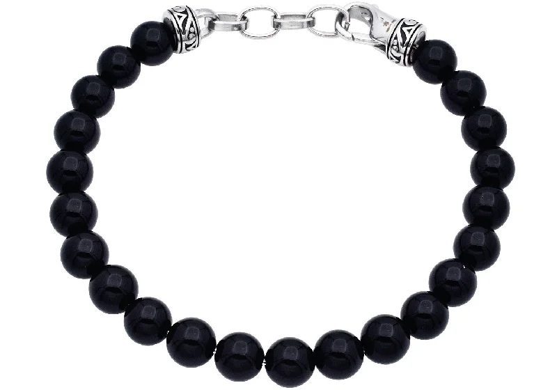 Women’s stylish bangle-Mens Genuine 8mm Onyx Stainless Steel Beaded Bracelet