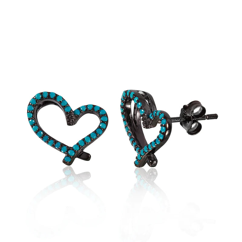 Women’s personalized earrings-Silver 925 Black Rhodium Plated Open Heart Stud Earrings With turquoise Stone