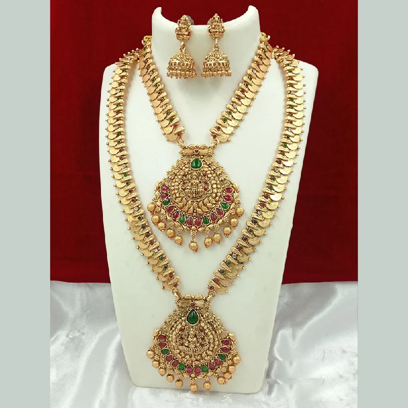 Women’s minimalist silver necklace-Joyful Jewel Art Matte Gold Plated Kundan Stone And Temple Double Necklace Set