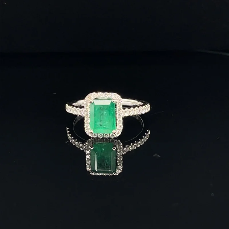 Women’s antique gold engagement ring-Emerald & Diamond Halo Engagement Ring in 18k White Gold - (#109-RGEME063729)