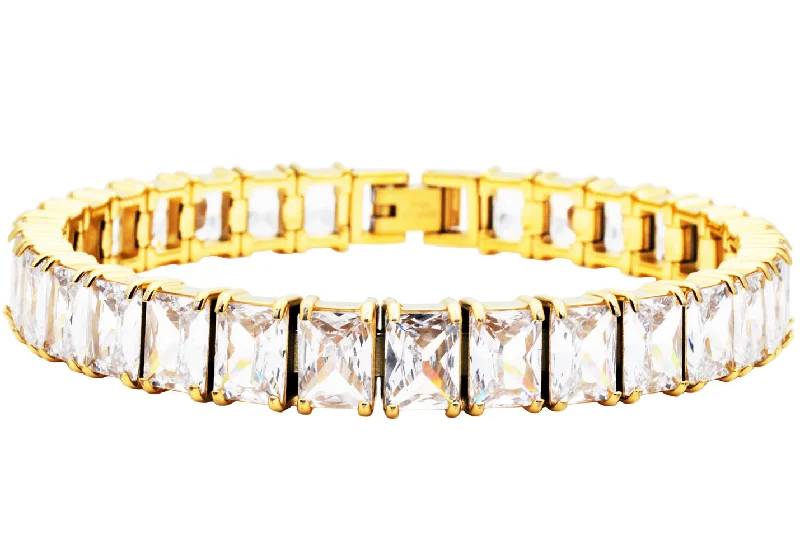 Women’s custom bracelet-Mens Gold Stainless Steel Tennis Bracelet with Cubic Zirconia