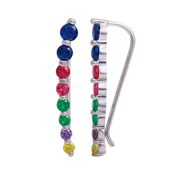 Women’s initial earrings-Sterling Silver 925 Rhodium Plated Round Multi-Colored CZ Stone Climbing Earrings