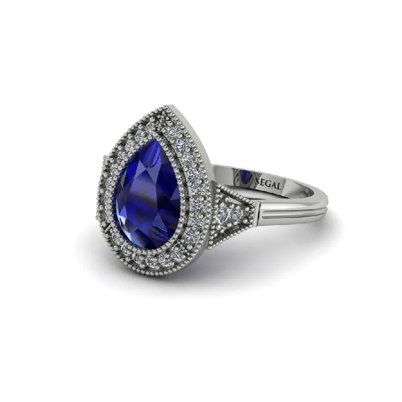 Women’s vintage-style engagement ring-Pear Cut Sapphire Milgrain Halo Engagement Ring - Daleyza No. 15