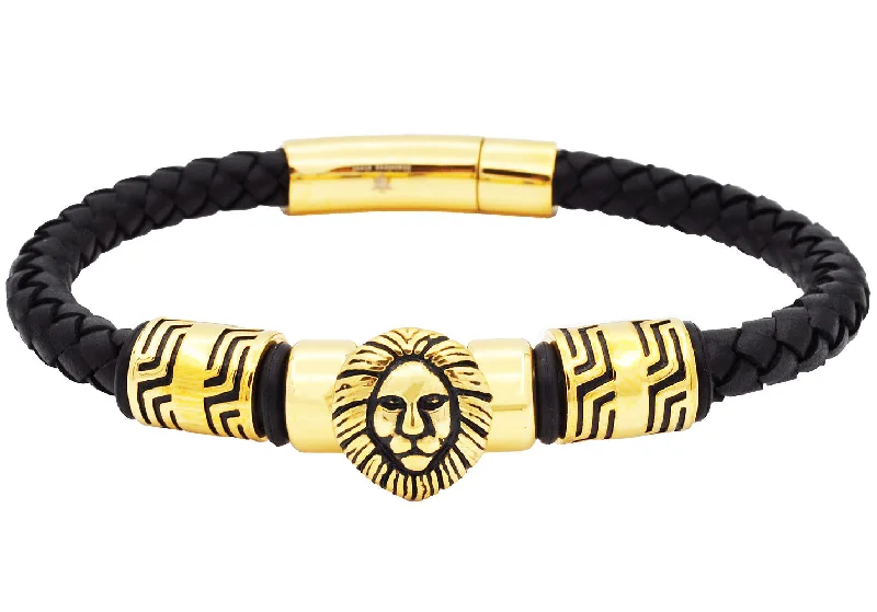 Women’s custom bangle-Mens Lion's Head Black Leather Gold Stainless Steel Bracelet