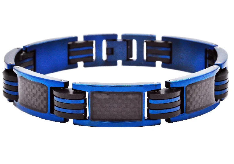 Women’s engraved cuff bracelet-Men's Blue Stainless Steel & Silicone Bracelet With Black Carbon Fiber