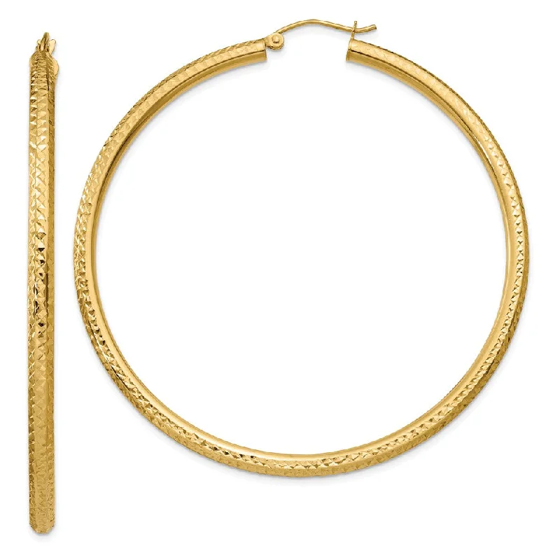 Women’s signature earrings-3mm x 60mm, 14k Yellow Gold, Diamond-cut Round Hoop Earrings